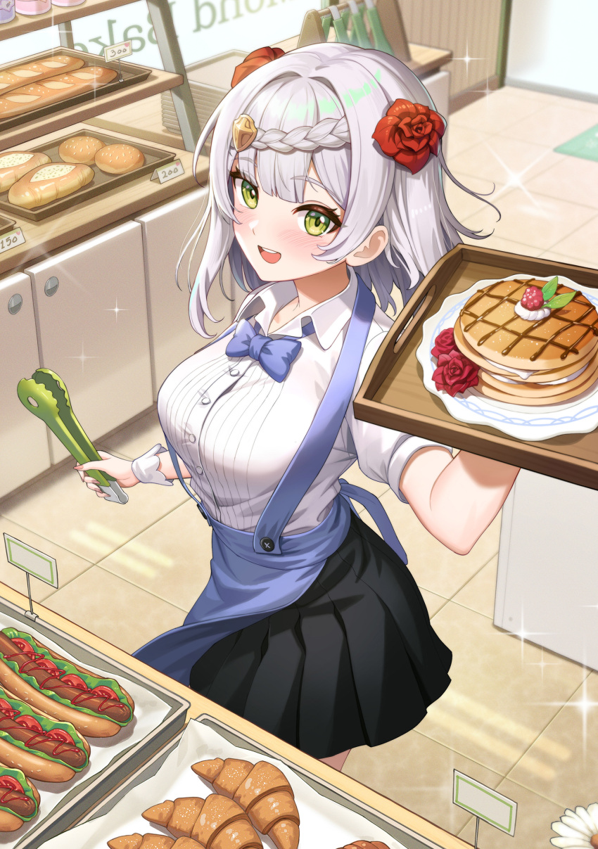 1girl, :d, alternate_costume, bakery, black_skirt, blush, braid, breasts