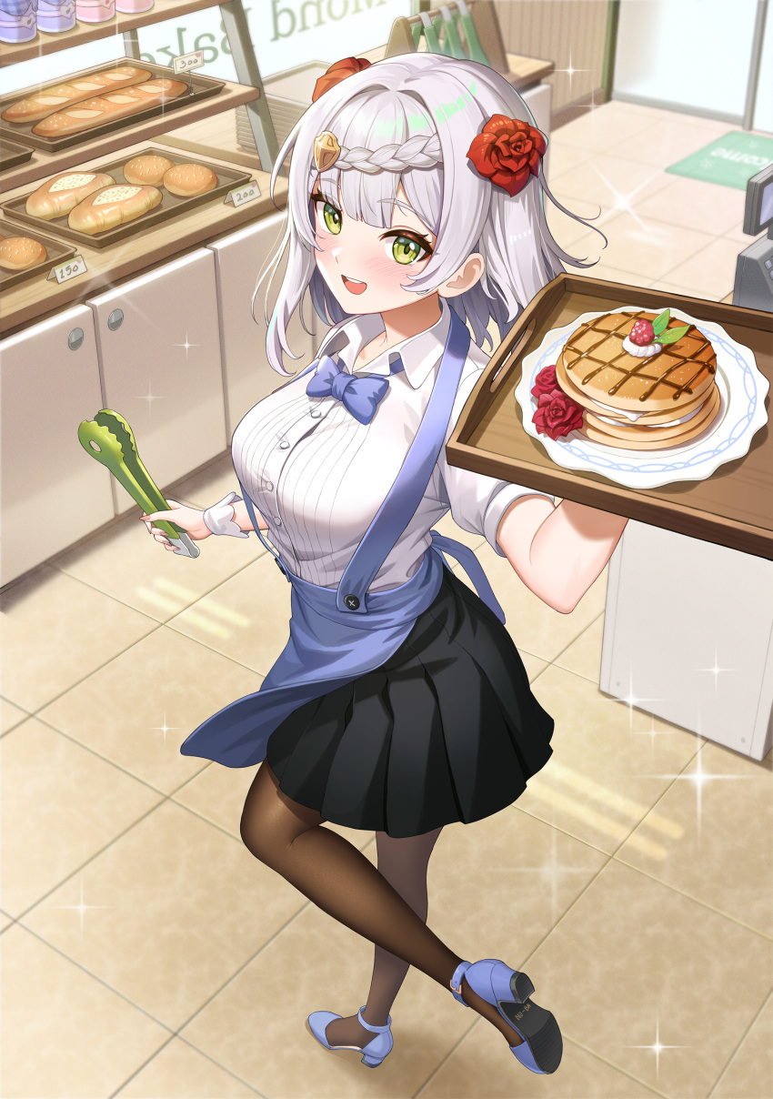 1girl, :d, absurdres, alternate_costume, bakery, black_skirt, blush, braid
