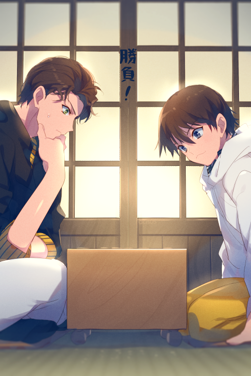 2boys, aged_down, akai_shuuichi, black_shirt, black_socks, blue_eyes, board_game, brothers