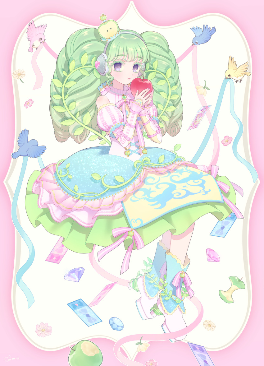 1girl, absurdres, apple, apple_hair_ornament, bird, bitten_apple, blue_eyes, boots