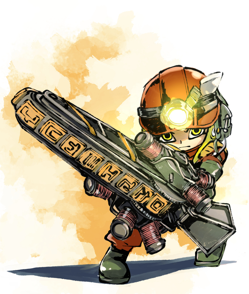 1other, ambiguous_gender, boots, closed_mouth, commentary_request, flashlight, green_footwear, grizzco_splatana_(splatoon), holding, holding_sword, holding_weapon, muramasa_mikado, octoling, rubber_boots, salmon_run_(splatoon), solo, splatoon_(series), splatoon_3, sword, v-shaped_eyebrows, weapon, white_background, yellow_eyes