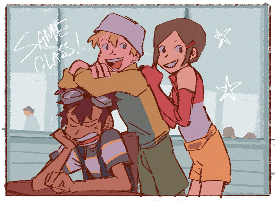 belt, blonde_hair, brown_hair, classroom, closed_eyes, digimon, digimon_adventure_02, goggles