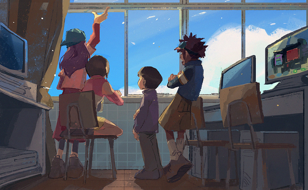 2boys, 2girls, clouds, computer, digimon, digimon_adventure_02, glasses, goggles