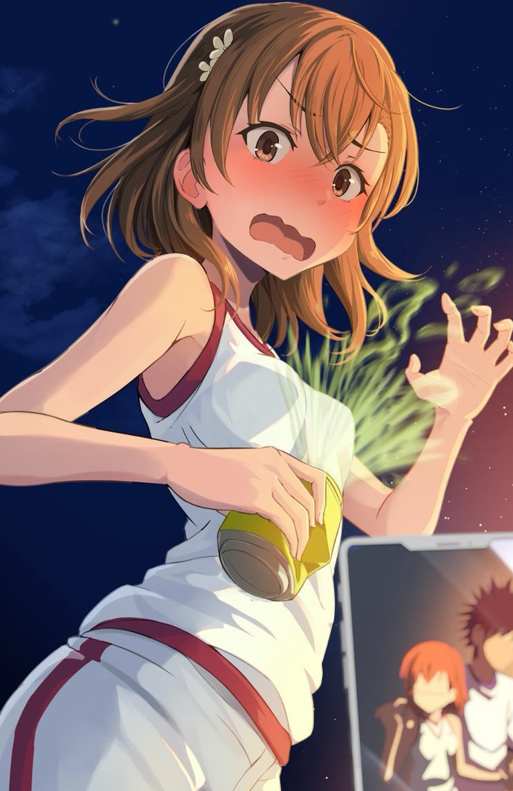 1girl, bare_arms, blurry, blurry_foreground, blush, breasts, brown_eyes, brown_hair, can, cellphone_photo, commentary_request, crossed_bangs, embarrassed, gym_shirt, gym_uniform, hair_between_eyes, hair_ornament, hairpin, holding, holding_can, k3rd, kamijou_touma, looking_at_viewer, medium_hair, misaka_mikoto, night, night_sky, open_mouth, shirt, shorts, sky, sleeveless, sleeveless_shirt, small_breasts, solo_focus, spilling, toaru_kagaku_no_railgun, toaru_majutsu_no_index, tokiwadai_school_gym_uniform, wavy_mouth, white_shirt, white_shorts