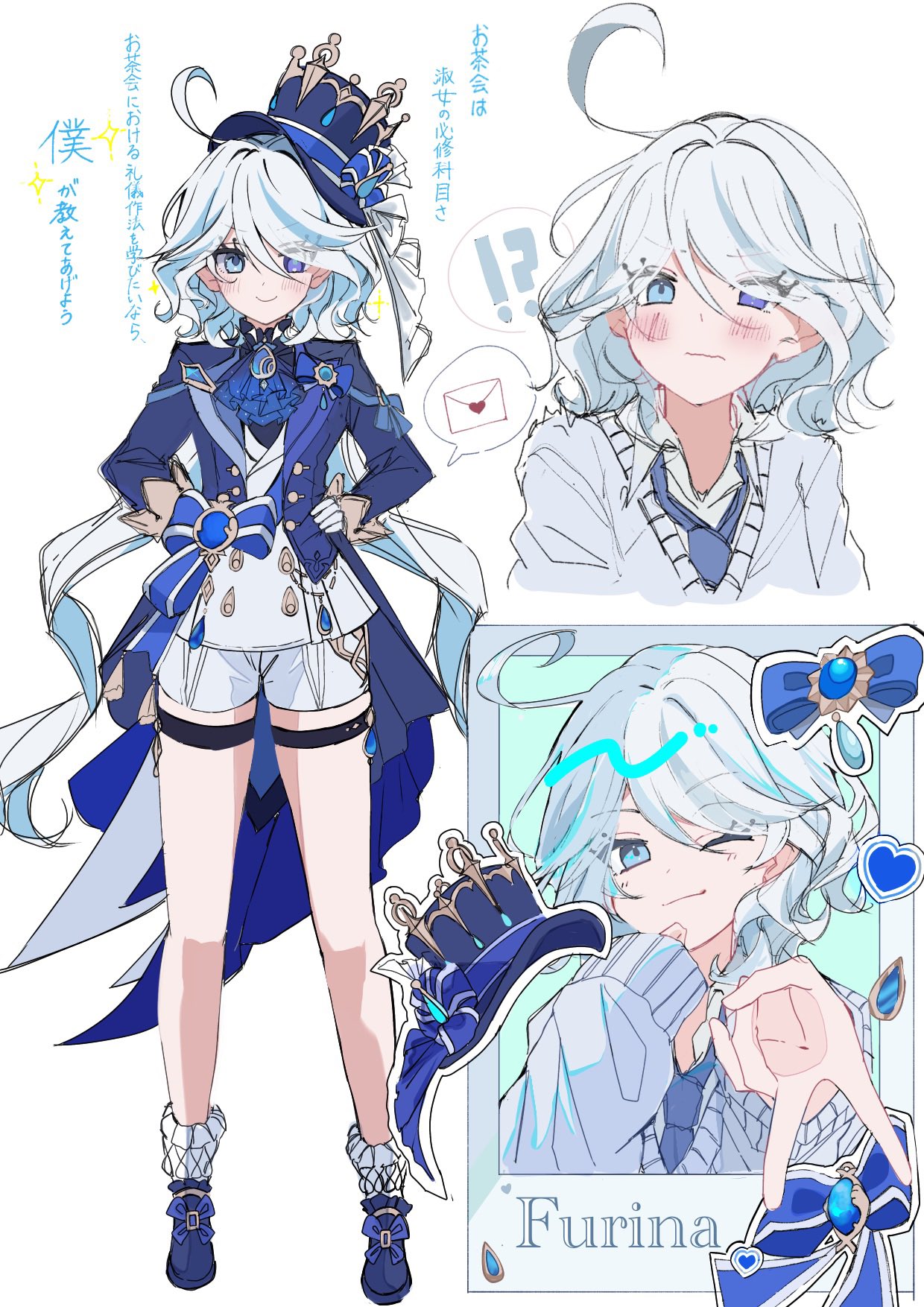 !?, 1girl, ahoge, ascot, blue_ascot, blue_bow, blue_brooch, blue_eyes