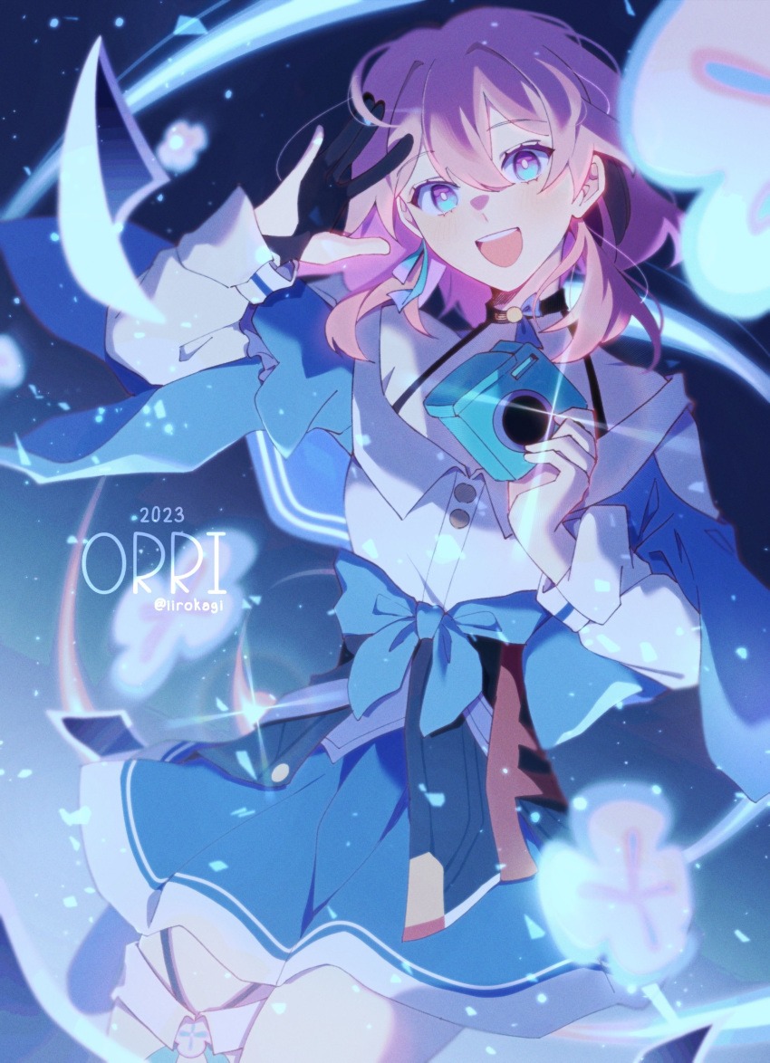 1girl, 2023, :d, absurdres, artist_name, black_choker, black_gloves, blue_background