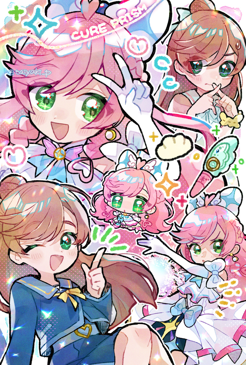 1girl, ahoge, blue_bow, bow, brown_hair, character_name, chibi, cross_in_eye, cure_prism, dangle_earrings, doradorakingyo, dress, earrings, elbow_gloves, embarrassed, eyelashes, gloves, green_eyes, hair_bun, highres, hirogaru_sky!_precure, index_finger_raised, jewelry, long_hair, multiple_views, nijigaoka_mashiro, one_eye_closed, open_mouth, pink_hair, precure, ribbon, school_uniform, scrunchie, sweatdrop, v, white_bow, white_gloves, wrist_scrunchie, x_fingers, yellow_ribbon