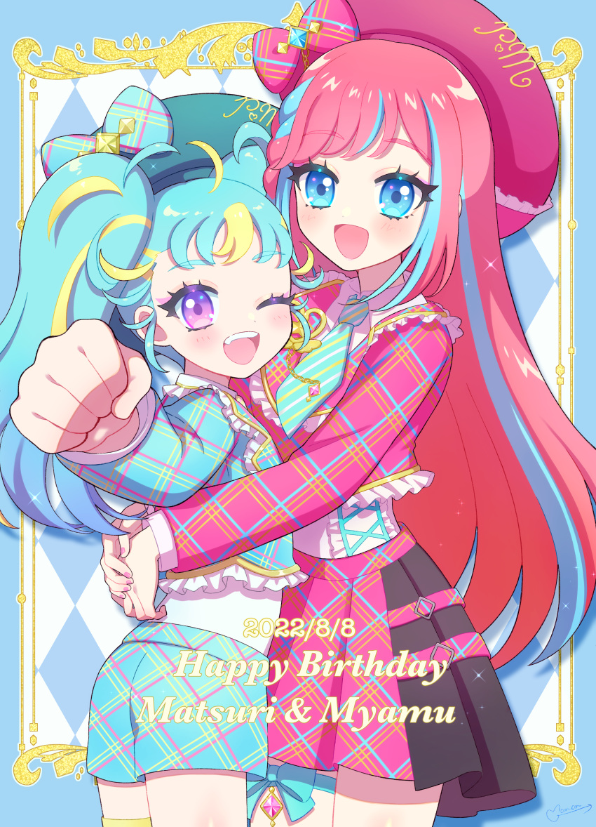 2girls, :d, ;d, absurdres, ahoge, beret, blonde_hair, blue_eyes, blue_hair, blue_jacket, blue_necktie, blue_shorts, blush, bow, braid, clenched_hand, commentary_request, cowboy_shot, foreshortening, frilled_jacket, frills, happy_birthday, hat, hat_bow, hibino_matsuri, hibino_matsuri_(primagista), highres, hug, idol_clothes, jacket, long_hair, long_sleeves, looking_at_viewer, momokan_(mmkn100), multicolored_hair, multiple_girls, myamu, necktie, one_eye_closed, open_mouth, pink_hair, pink_headwear, pink_jacket, pink_skirt, plaid, plaid_bow, plaid_jacket, plaid_shorts, plaid_skirt, pleated_skirt, pretty_(series), red_bow, shirt, shorts, side_braid, skirt, smile, standing, streaked_hair, striped_necktie, twintails, very_long_hair, violet_eyes, waccha_primagi!, white_shirt