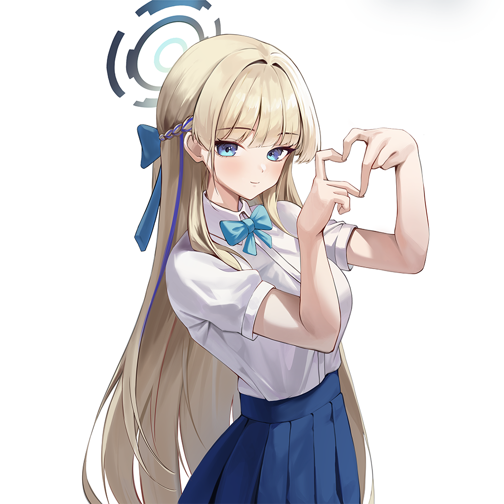 1girl, blonde_hair, blue_archive, blue_eyes, blue_hair, blue_halo, blue_skirt, blush