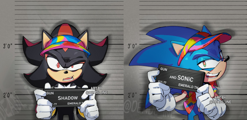 2boys, artist_name, barbie_(franchise), barbie_(live_action), barbie_mugshot_(meme), character_name, deadl_ine, english_text, furry, furry_male, gloves, green_eyes, highres, looking_at_viewer, meme, mugshot, multiple_boys, open_mouth, rainbow_headwear, red_eyes, shadow_the_hedgehog, sonic_(series), sonic_the_hedgehog, teeth, visor_cap, watermark, white_gloves