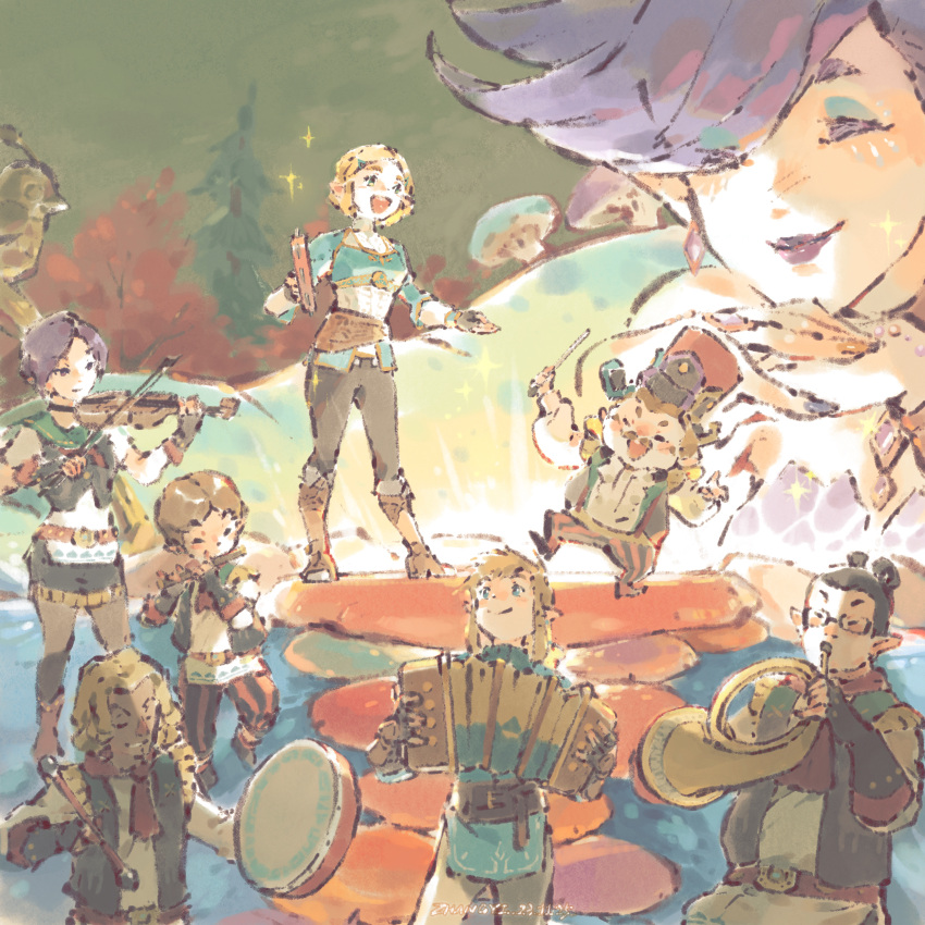 3girls, 4boys, absurdres, accordion, baton_(conducting), beetz, black_hair, black_pants