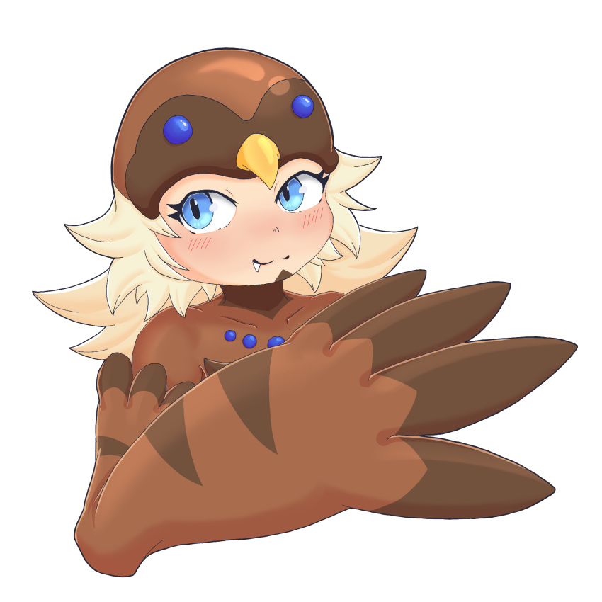 1girl, bird_hat, bird_legs, blonde_hair, blue_eyes, blush, brown_wings, commentary_request