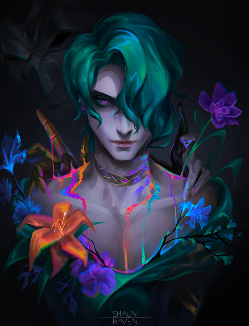 2boys, absurdres, artist_name, closed_mouth, collarbone, earrings, flower, gradient_background, green_hair, hair_over_one_eye, hand_on_another's_shoulder, highres, hwei_(league_of_legends), jewelry, jhin, league_of_legends, looking_at_viewer, mask, multiple_boys, orange_flower, purple_flower, shauniraven, simple_background, solo_focus, upper_body, violet_eyes