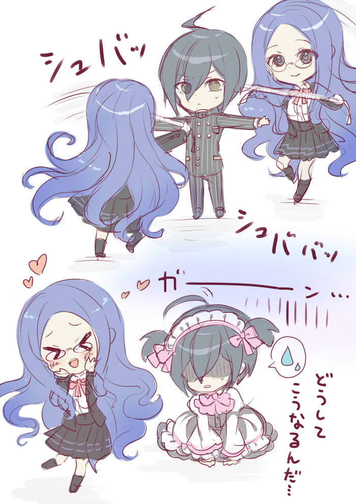 >o<, 1boy, 1girl, :d, ahoge, alternate_costume, black_hair, black_jacket