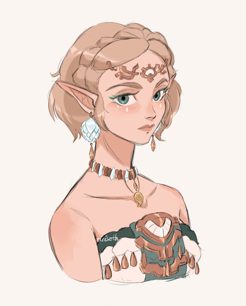 1girl, blonde_hair, braid, commentary, crown_braid, earrings, eiriseth, green_eyes