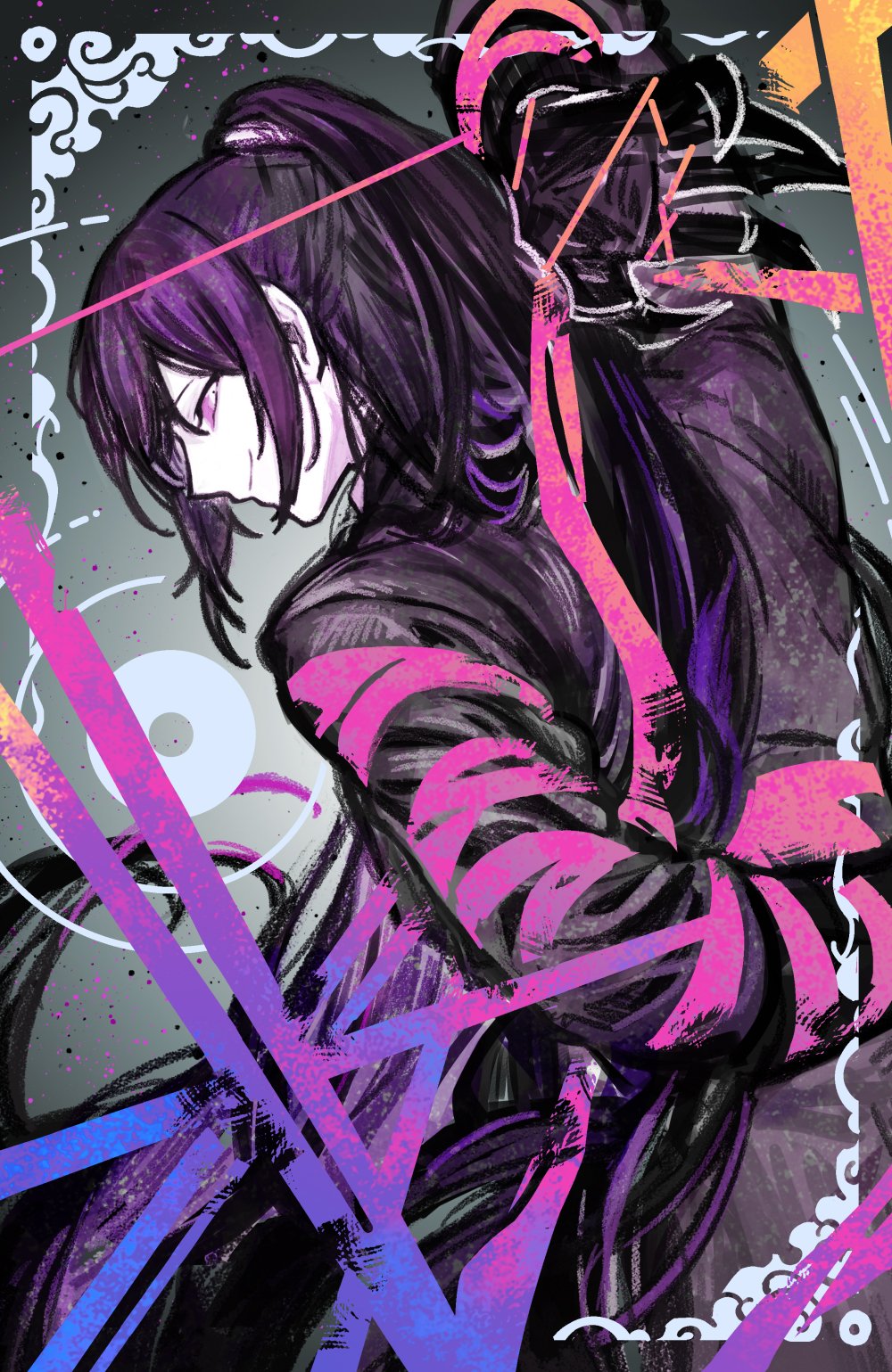 1boy, arm_up, black_hair, clouds, coat, e.g.o_(project_moon), high_ponytail, highres