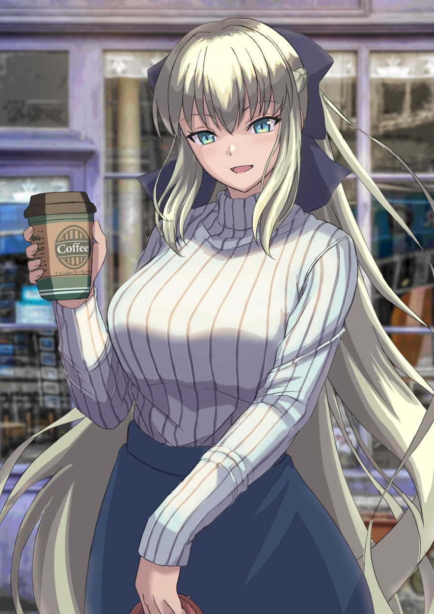 1girl, alternate_breast_size, black_ribbon, blonde_hair, blue_eyes, blue_skirt, blurry, blurry_background