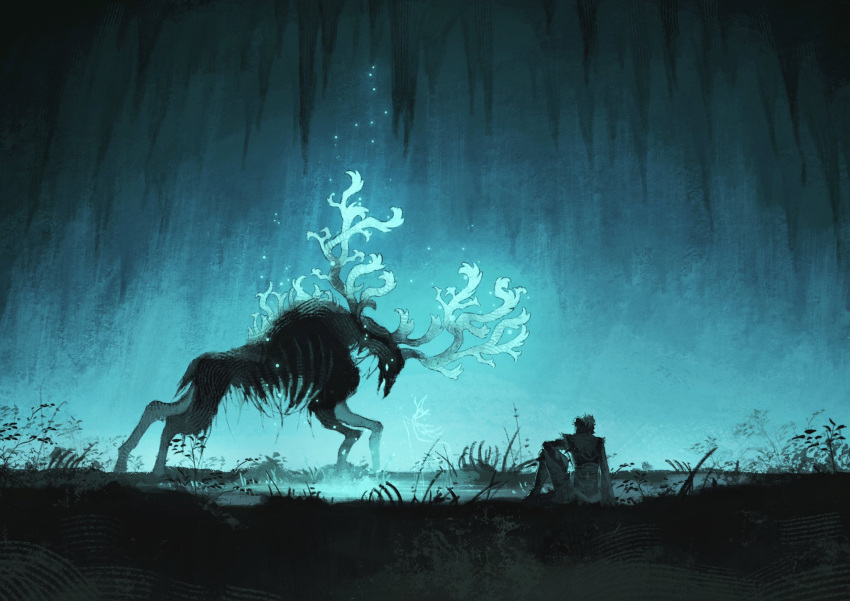 1boy, animal, antlers, bag, blue_theme, cave, dark, deer