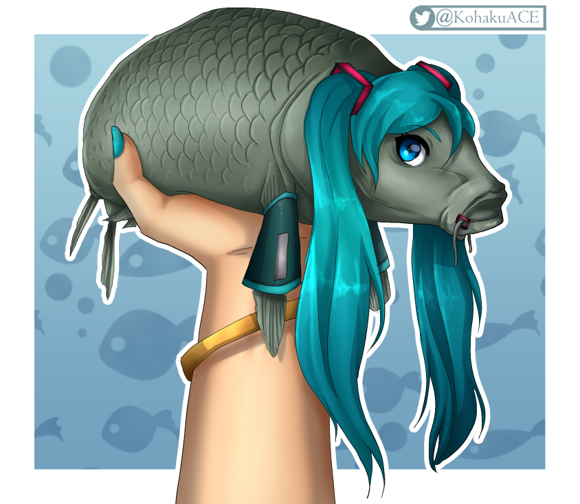 animal, animalization, aqua_hair, aqua_nails, black_sleeves, blue_eyes, border, bracelet, commentary, detached_sleeves, english_commentary, fish, hair_ornament, hatsune_miku, holding, holding_animal, jewelry, kohakuace, long_hair, nail_polish, outline, outside_border, twintails, twitter_username, very_long_hair, vocaloid, white_border, white_outline