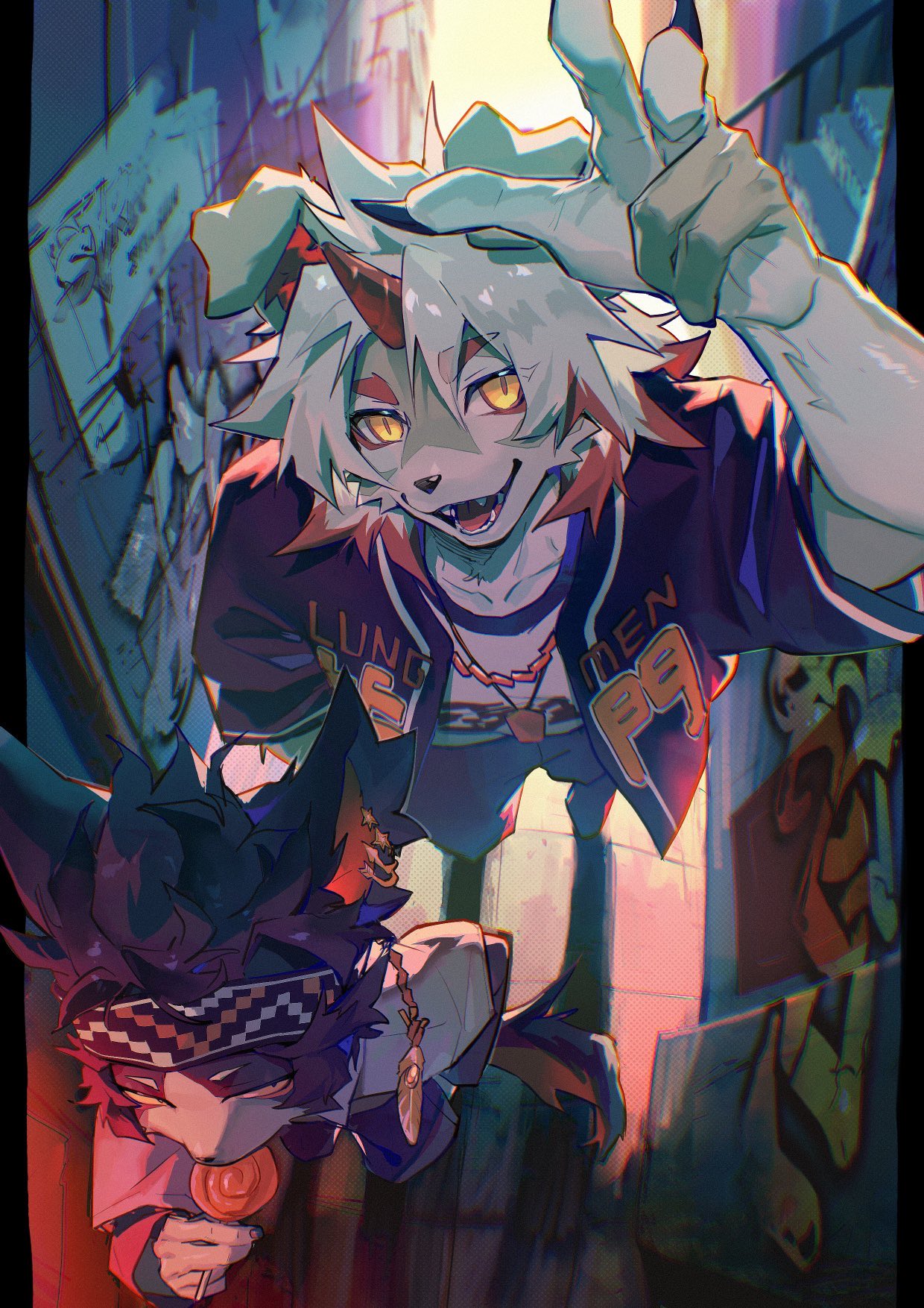 2boys, aak_(arknights), animal_ears, arknights, black_claws, candy, claws, ear_piercing