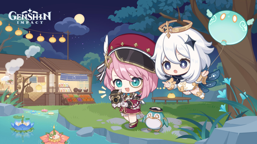 2girls, absurdres, aqua_eyes, balloon, cabbie_hat, camera, charlotte_(genshin_impact), dress, genshin_impact, gloves, hair_between_eyes, hair_ornament, halo, hat, highres, holding, holding_camera, kratong, long_sleeves, loy_kratong, monocle, multiple_girls, official_art, open_mouth, paimon_(genshin_impact), pers_(genshin_impact), pink_hair, red_headwear, river, slime_(genshin_impact), smile, tree, water, white_dress, white_gloves, white_hair