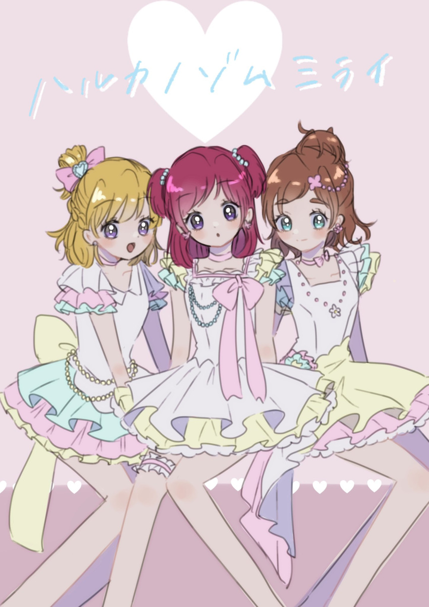 3girls, asahina_mirai, atat_karubi, blonde_hair, blue_eyes, bow, brown_hair, commentary_request
