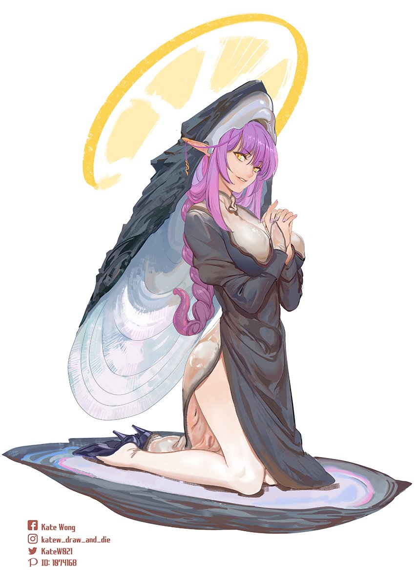 1girl, black_dress, black_footwear, blonde_hair, braid, breasts, choppy_bangs, dress, halo, high_heels, highres, juliet_sleeves, kate_wong, kneeling, large_breasts, light_smile, long_sleeves, looking_at_viewer, nun, original, oyster, pantyhose, pointy_ears, praying, puffy_sleeves, purple_hair, sidelocks, slit_pupils, white_background, white_pantyhose, yellow_eyes