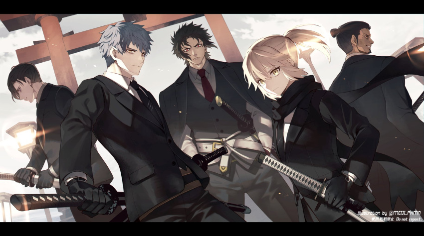 1girl, 4boys, alternate_costume, belt, black_gloves, black_hair, black_jacket, black_necktie