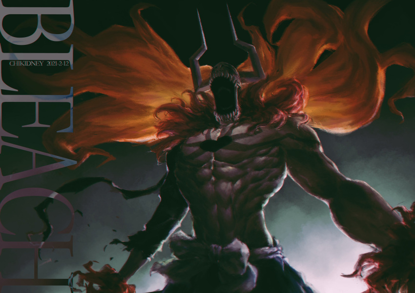 abs, absurdres, artist_name, bleach, chest_tattoo, chikidney, copyright_name, dated, demon_horns, floating_hair, highres, holding, holding_sword, holding_weapon, hole_in_chest, hole_on_body, hollow_mask, horns, kurosaki_ichigo, monster_boy, muscular, muscular_male, nested_mouths, obi, open_mouth, orange_hair, red_fur, roaring, sash, screaming, single_sleeve, sword, tattoo, tensa_zangetsu_(bankai), topless_male, torn_clothes, upper_body, weapon