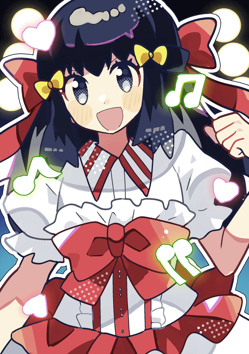 1girl, anidler91, black_hair, blush, collared_shirt, commentary_request, cropped_torso, dawn_(contest)_(pokemon), eyelashes, frills, grey_eyes, hair_ribbon, highres, hikari_(pokemon), long_hair, looking_at_viewer, musical_note, official_alternate_costume, open_mouth, pokemon, pokemon_dppt, red_ribbon, ribbon, shirt, simple_background