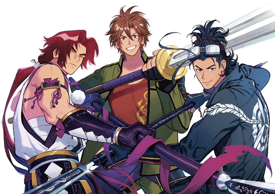 3boys, blue_jacket, commentary_request, detached_sleeves, facial_hair, goggles, goggles_on_head, green_jacket