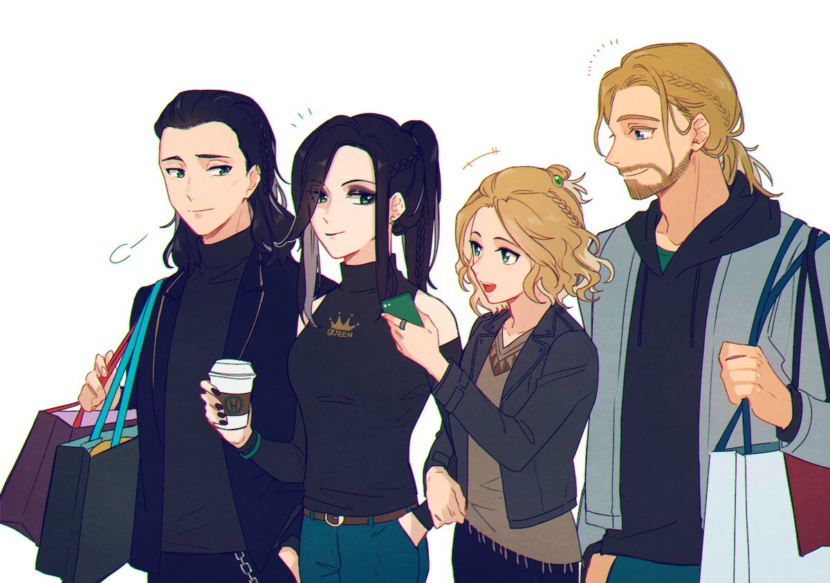 2boys, 2girls, alternate_costume, animification, bag, bare_shoulders, beard, belt