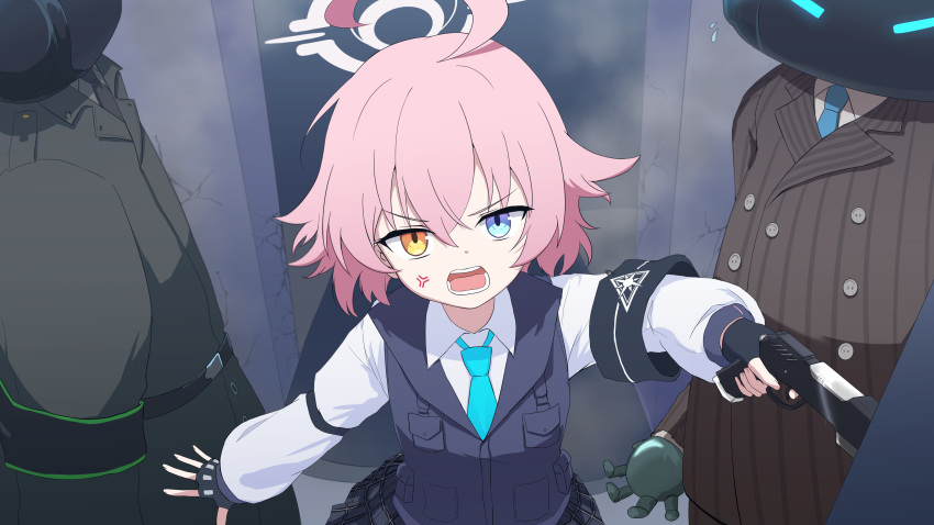 1girl, 3boys, absurdres, ahoge, android_(blue_archive), anger_vein, black_gloves, black_skirt