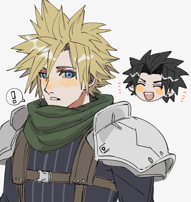 !, 2boys, armor, black_hair, blonde_hair, blue_eyes, blue_shirt, chibi, chibi_inset, closed_eyes, cloud_strife, crisis_core_final_fantasy_vii, ear_piercing, earrings, final_fantasy, final_fantasy_vii, green_scarf, grey_eyes, happy, jewelry, male_focus, mtr_dayoo, multiple_boys, open_mouth, parted_bangs, parted_lips, pauldrons, piercing, scarf, shirt, short_hair, shoulder_armor, smile, speech_bubble, spiky_hair, stud_earrings, suspenders, upper_body, zack_fair