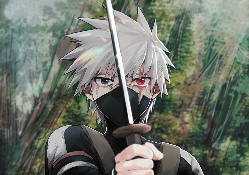 1boy, aged_down, anbu, forehead_protector, gloves, goma1132, hair_between_eyes, hatake_kakashi, heterochromia, highres, holding, holding_sword, holding_weapon, looking_at_viewer, male_focus, mask, mouth_mask, naruto_(series), naruto_shippuuden, ninja, red_eyes, scar, scar_across_eye, sharingan, short_hair, short_sword, solo, split_theme, sword, sword_in_front_of_face, upper_body, weapon