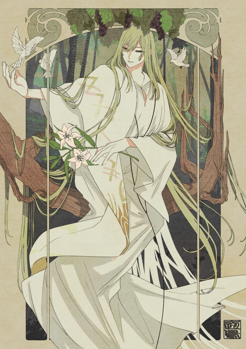 1boy, affectionate, androgynous, enkidu_(fate), fate/strange_fake, fate_(series), feet_out_of_frame, flower, green_eyes, green_hair, half-closed_eyes, highres, long_hair, long_sleeves, male_focus, nature, ornate_border, petori1902, plant, robe, sitting_on_branch, smile, solo, standing, very_long_hair, white_robe, wide_sleeves
