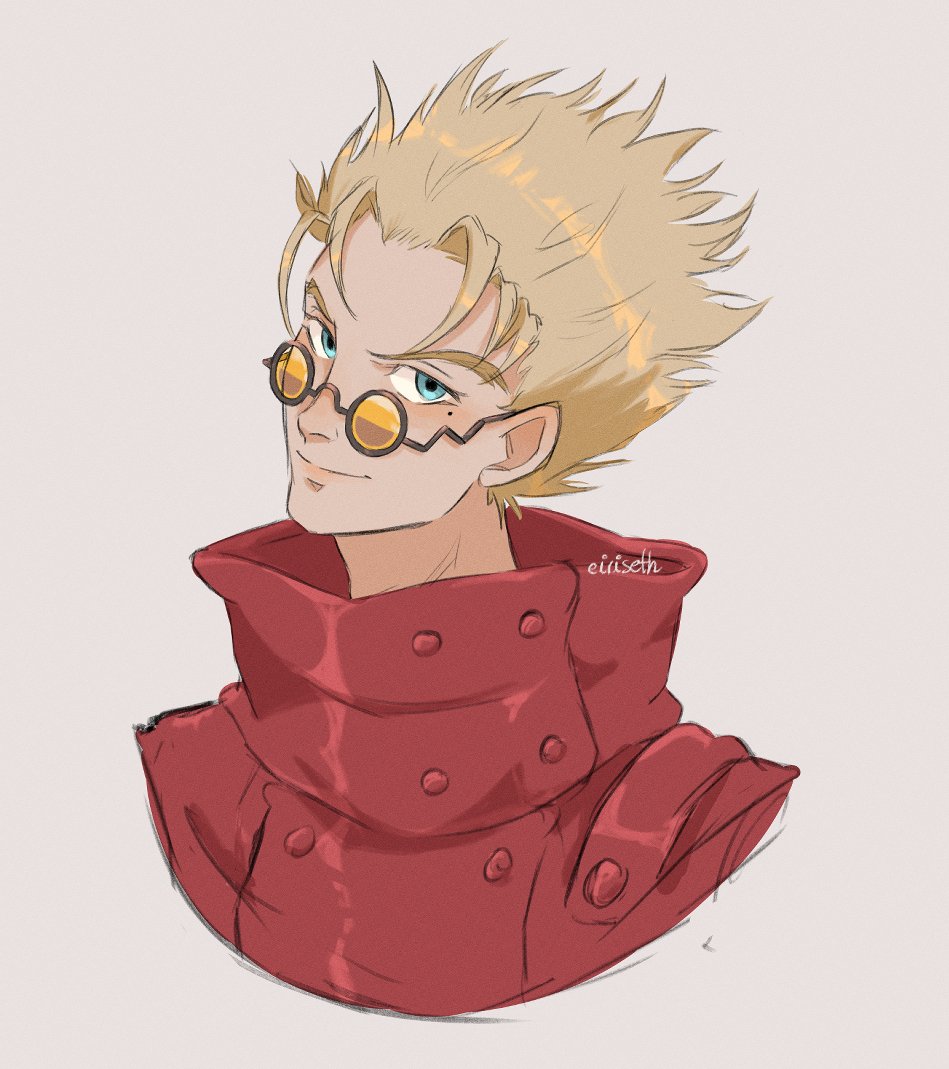 1boy, blonde_hair, blue_eyes, buttons, collared_jacket, commentary, eiriseth, high_collar, jacket, male_focus, mole, mole_under_eye, red_jacket, round_eyewear, smile, solo, trigun, vash_the_stampede, yellow-framed_eyewear