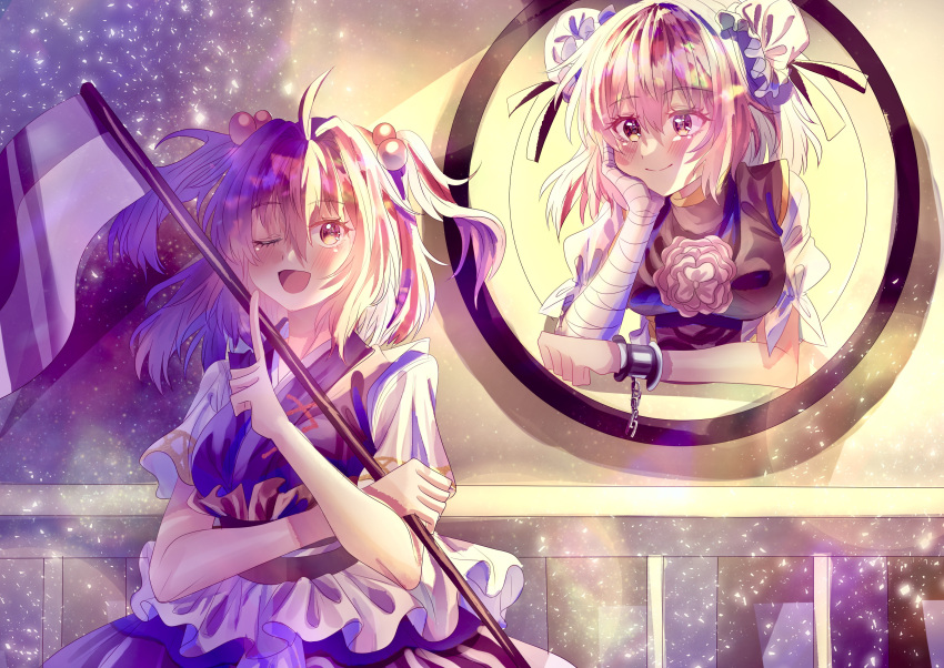 2girls, ;d, absurdres, ahoge, bandaged_arm, bandages, breasts, bun_cover