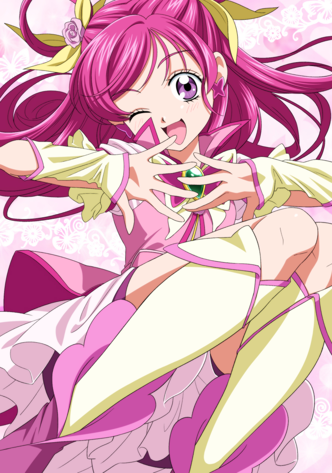 1girl, :d, bow, brooch, butterfly_earrings, commentary_request, cure_dream, dokushibuki, earrings, eyelashes, fingerless_gloves, flower, frills, gloves, hair_bow, hair_ornament, highres, jewelry, one_eye_closed, open_mouth, pink_hair, precure, rose, smile, solo, violet_eyes, yes!_precure_5, yes!_precure_5_gogo!, yumehara_nozomi