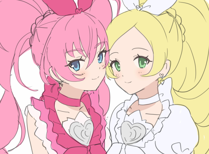 2girls, blonde_hair, blue_eyes, bow, brooch, collar, commentary_request, cure_melody