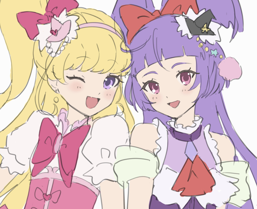 2girls, :d, asahina_mirai, blonde_hair, blush, cure_magical, cure_miracle, earrings, eyelashes, frills, hair_ornament, hair_ribbon, happy, hat, headband, highres, izayoi_liko, jewelry, long_hair, mahou_girls_precure!, mini_hat, mini_witch_hat, multiple_girls, nemuiyoo00, one_eye_closed, open_mouth, pink_eyes, pom_pom_(clothes), pom_pom_hair_ornament, precure, puffy_sleeves, purple_hair, ribbon, simple_background, smile, violet_eyes, white_background, witch_hat