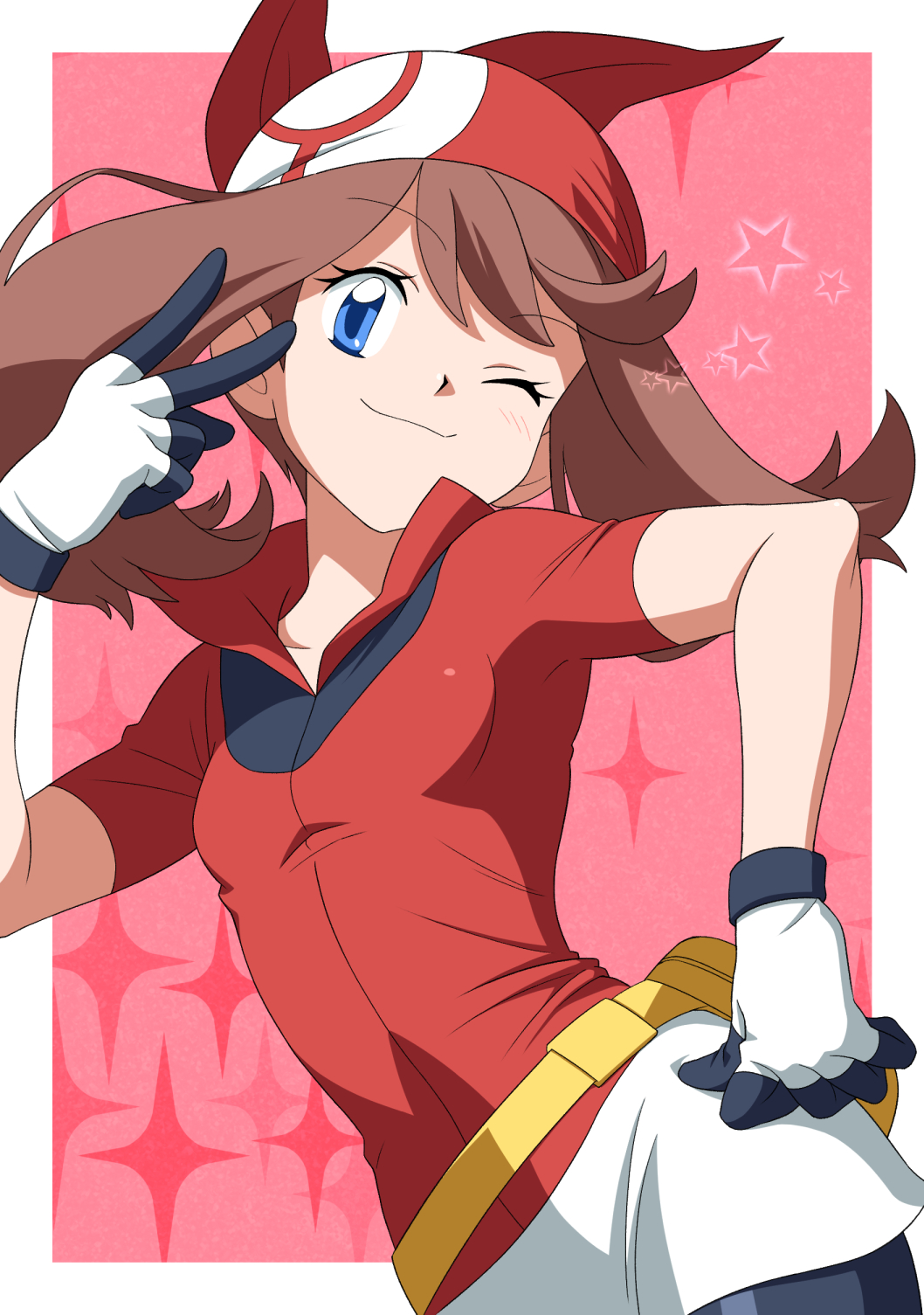 1girl, :3, bandana, blue_eyes, breasts, brown_hair, commentary_request, dokushibuki