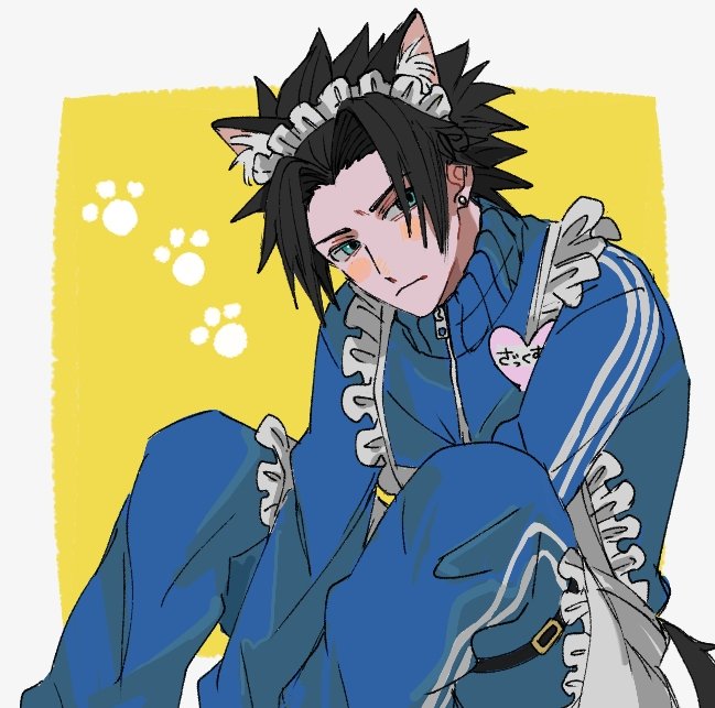 1boy, animal_ears, apron, badge, between_legs, black_hair, blue_eyes, blue_jacket