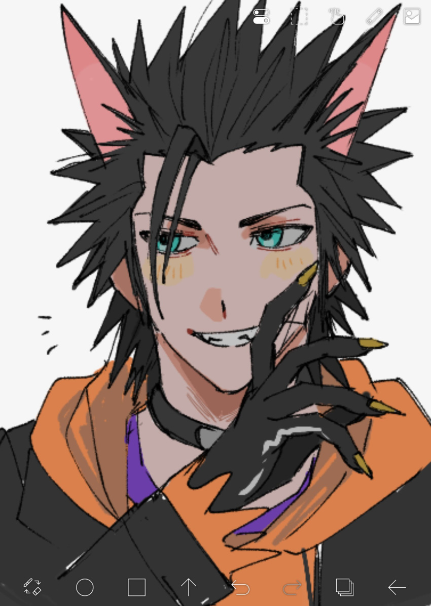 1boy, animal_ears, black_collar, black_gloves, black_hair, black_jacket, claws, collar