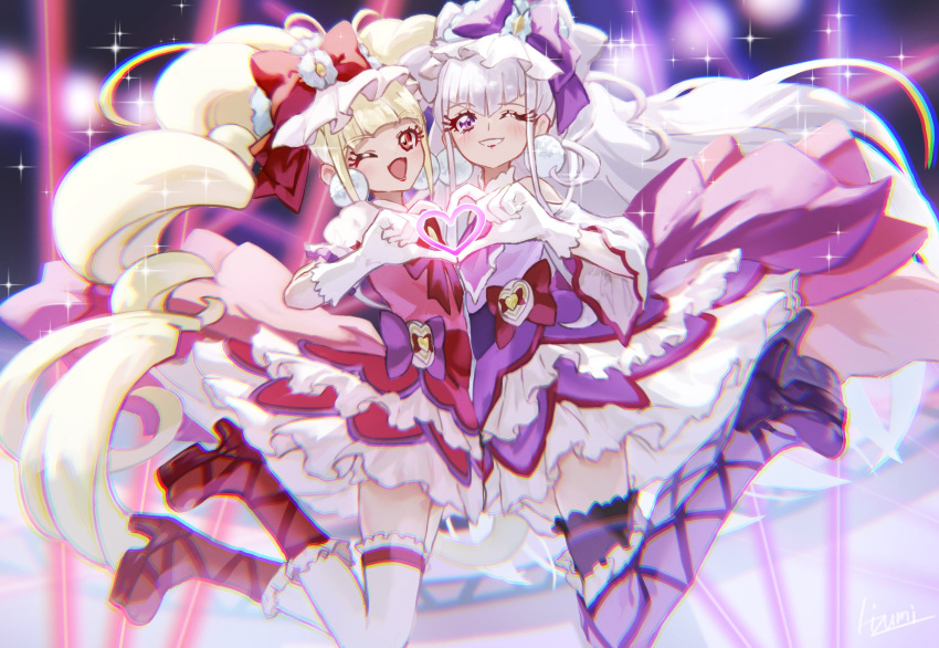 2girls, :d, aisaki_emiru, blonde_hair, boots, bow, cure_amour, cure_macherie