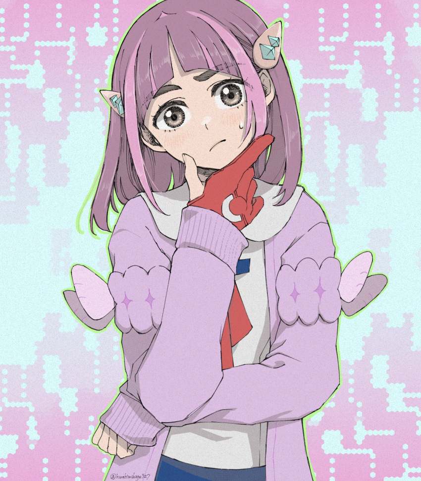 1girl, arched_bangs, brown_eyes, cardigan, closed_mouth, collared_shirt, commentary_request, eyelashes, gloves, hair_ornament, hairclip, hand_on_own_chin, head_tilt, highres, kurakimikage327, lacey_(pokemon), long_hair, looking_at_viewer, partially_fingerless_gloves, pokemon, pokemon_sv, purple_cardigan, purple_hair, red_gloves, shirt, single_glove, solo, stroking_own_chin, sweatdrop