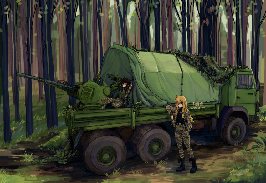 2girls, anti-aircraft, archirai, arms_behind_head, autocannon, belt, black_footwear, black_hair
