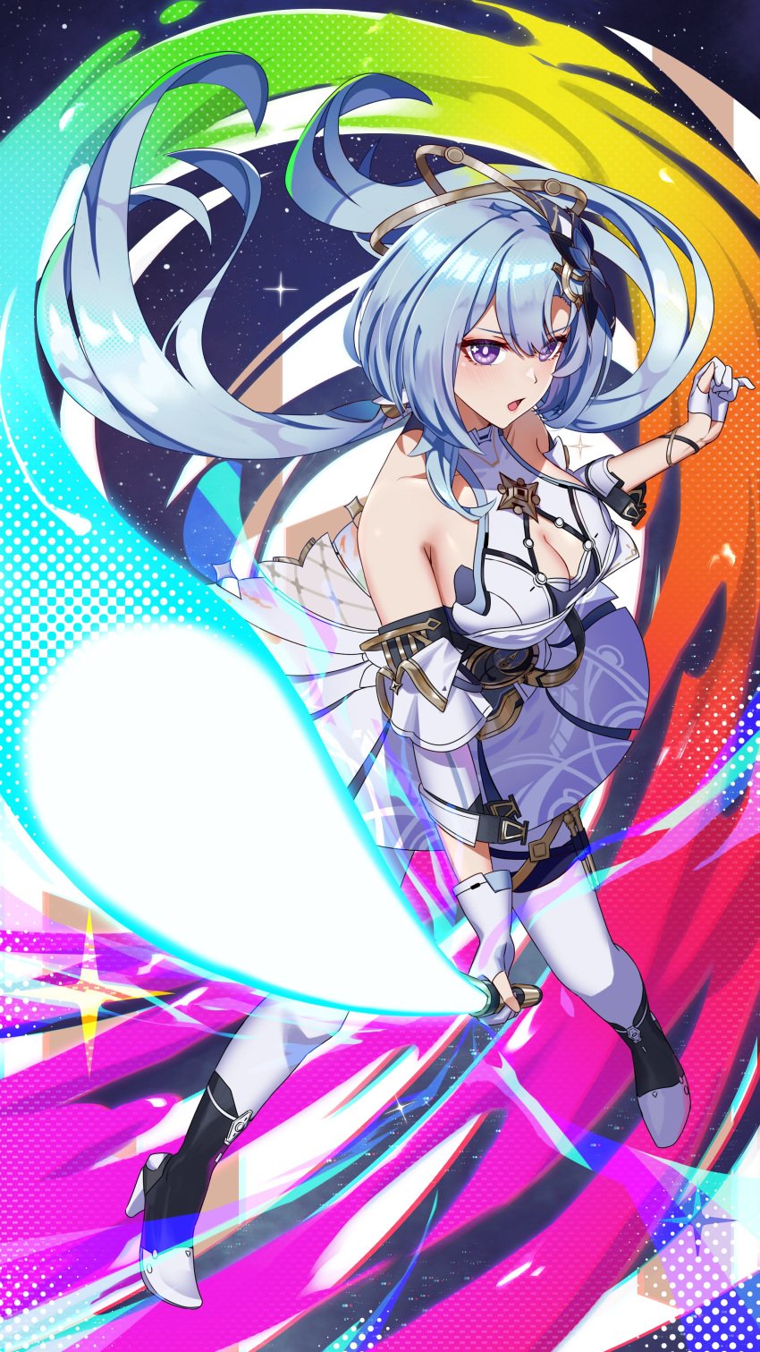 1girl, absurdres, bare_shoulders, blue_hair, blue_lightsaber, blush, breasts, cleavage_cutout