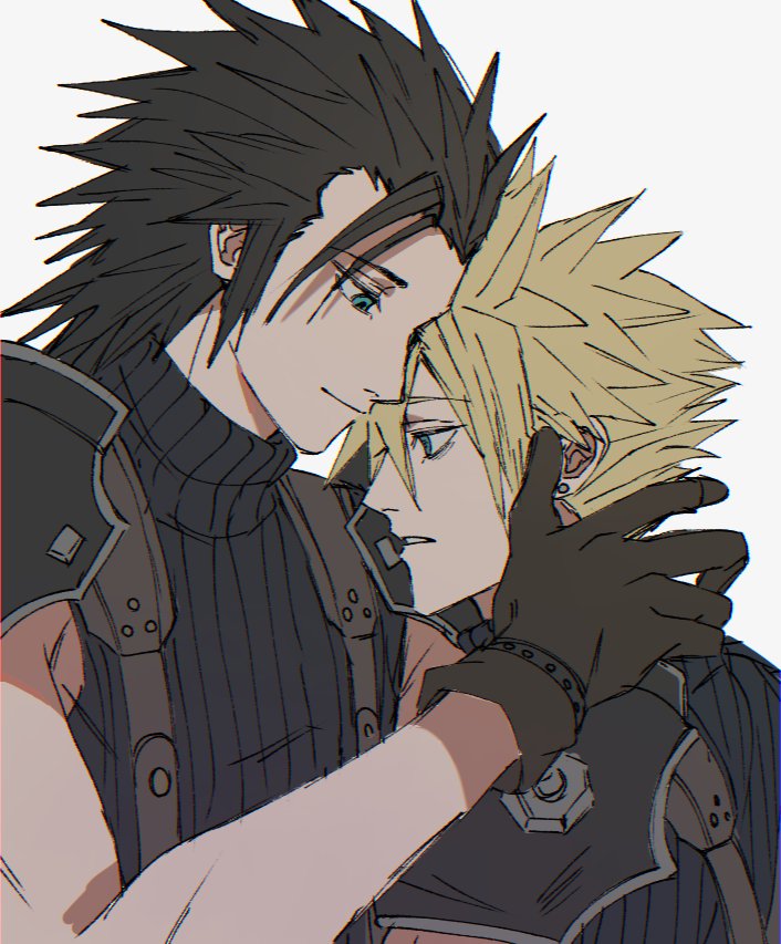 2boys, armor, black_hair, blonde_hair, blue_eyes, brown_gloves, cloud_strife, ear_piercing