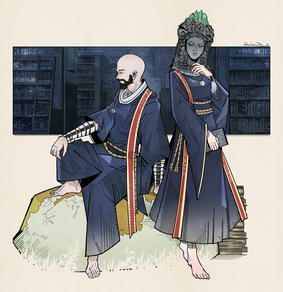 1boy, 1girl, bald, barefoot, beard, blue_robe, book, commentary